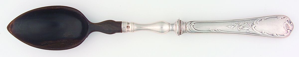 Marly (Silverplate, 1890, Glossy Handle) Salad Serving Spoon with Horn Bowl by Christofle France-1