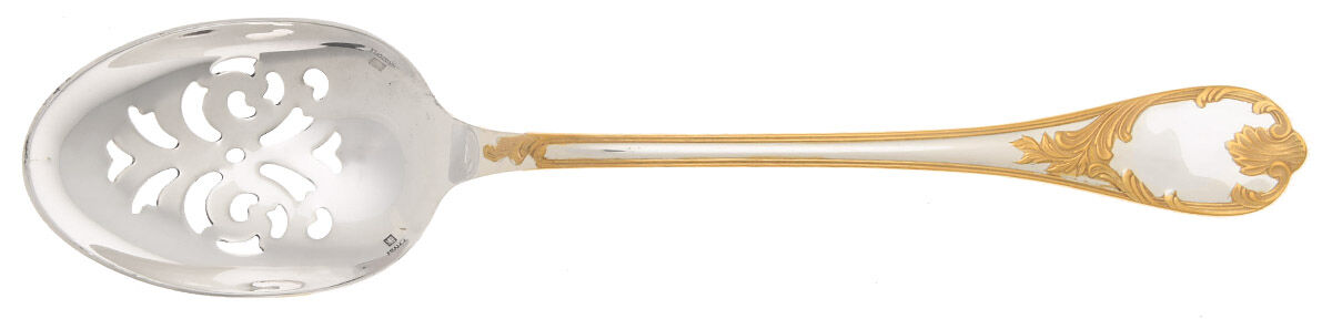 Marly (Silverplate, Gold Accents) Pierced Solid Serving Spoon by Christofle France-1