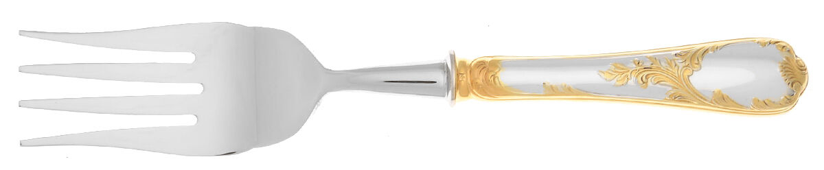 Marly (Silverplate, Gold Accents) Cold Meat Fork Large, Stainless Tines HC by Christofle France-1