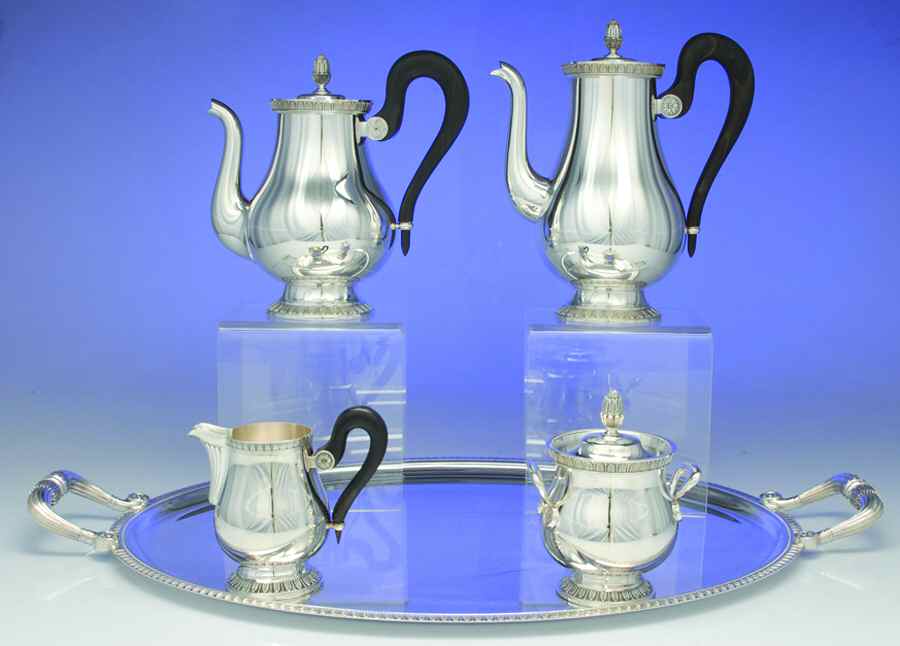 Malmaison-Beauharnais (Silverplate, Hollowware) 5-Piece Silverplate Tea Set (with Tray) by Christofle France-1