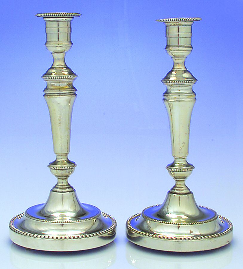 Perles (Silverplate, Hollowware) Pair of Candlesticks by Christofle France-1