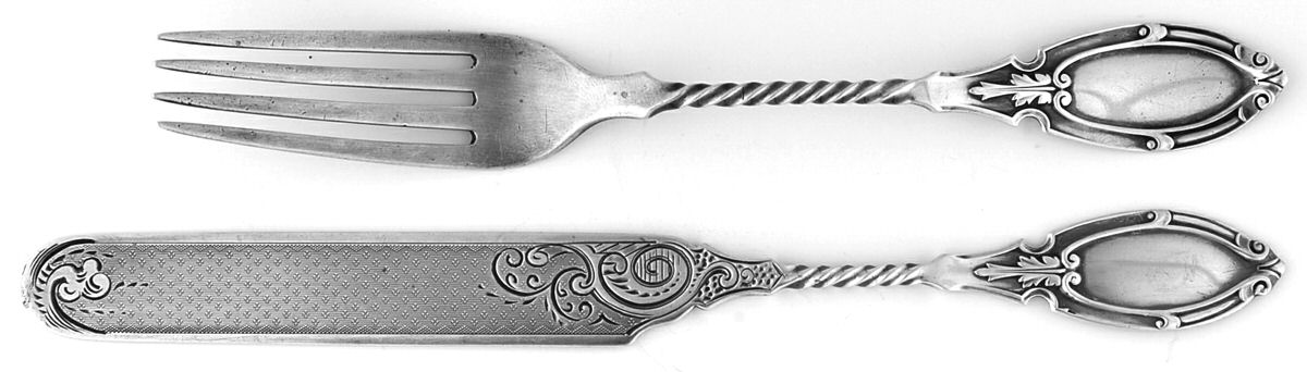 CSV3 (Coin) Dessert Fork & Solid Bright Cut Dessert Knife Set by Misc Coin Silver Mfg-1