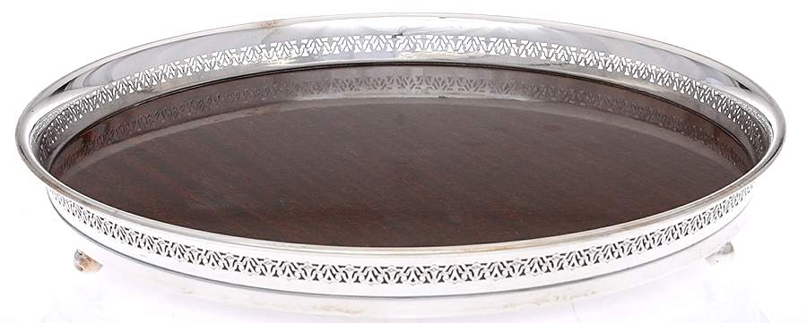 Silverplate Hollowware 12" Gallery Tray with Brown Lucite Center by Crescent Silverware-1