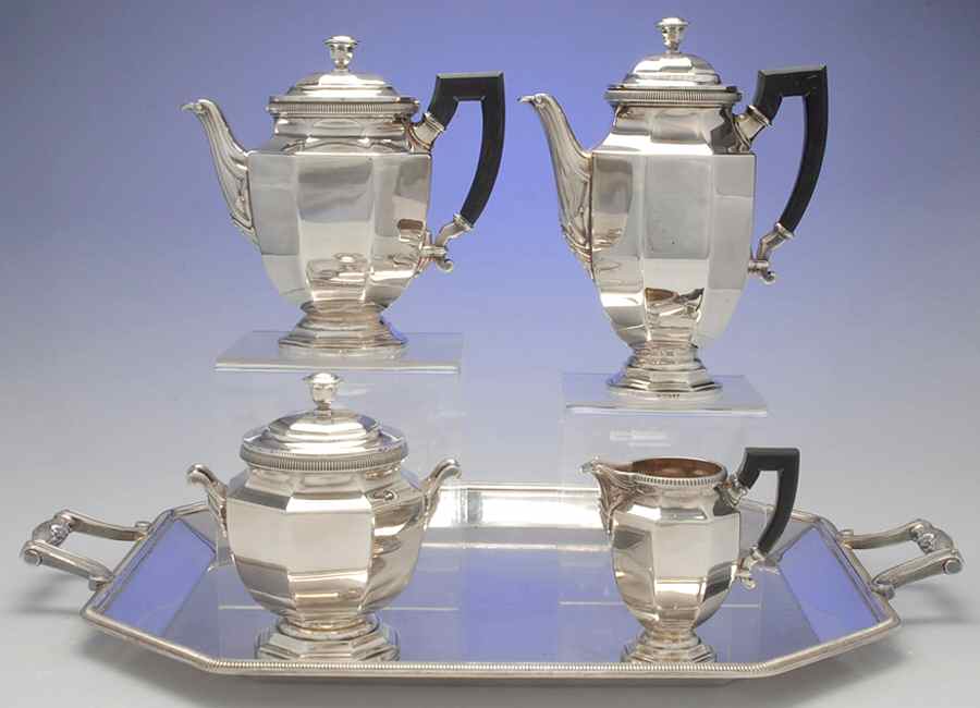 Colbert (Silverplate, Hollowware, Gadroon Design) 5-Piece Silverplate Tea Set (with Tray) by Christofle France-1