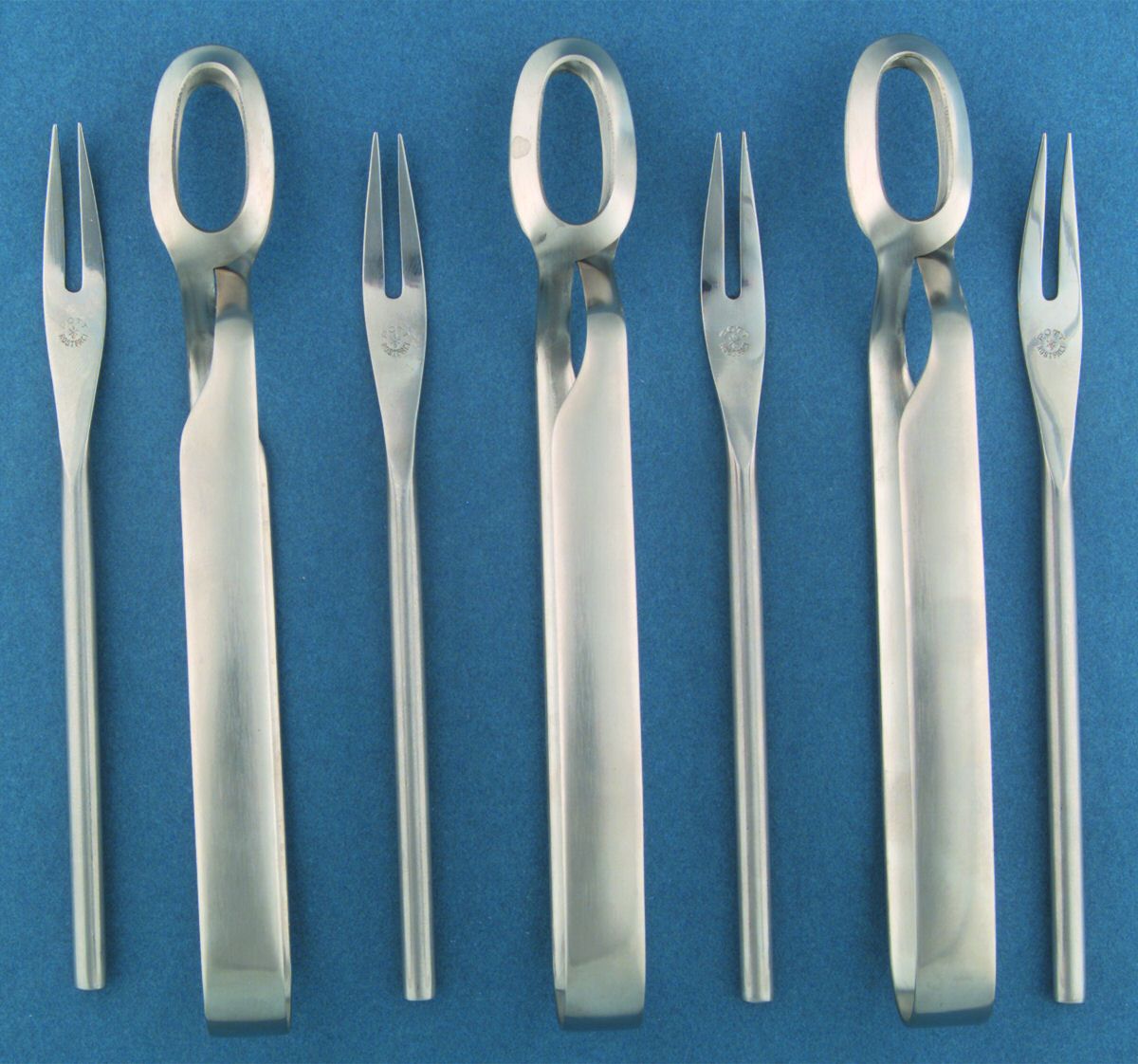 Stainless Flatware 7pc Escargot Set (4 Forks & 3 Tongs) by C Hugo Pott-1