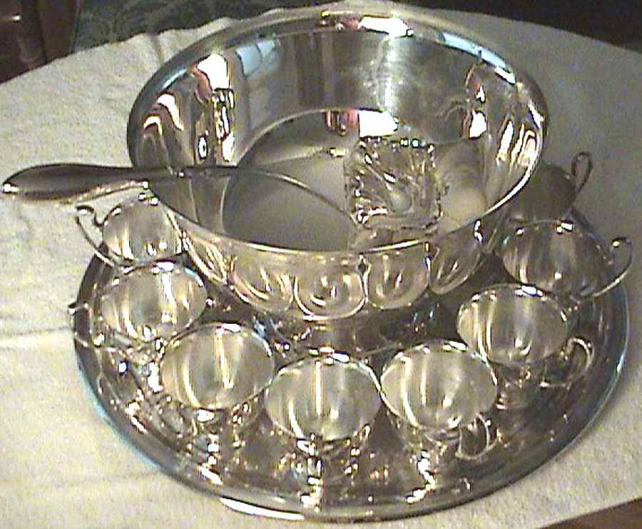 888 (Silverplate, Hollowware) Punch Set (Bowl,Tray,Ladle & 12 Cups) by Crescent Silverware-1