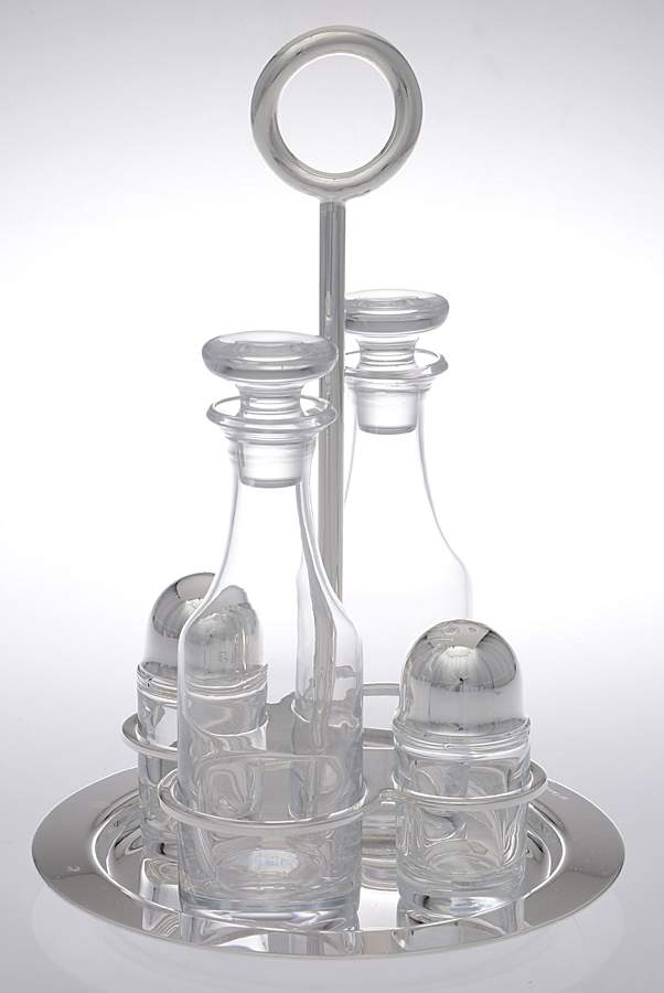 Vertigo (Silverplate, Hollowware) Cruet Set-4 Crys Bottles W/Std by Christofle France-1
