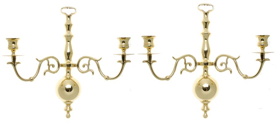 Brass Hollowware Pair of 2 Arm Sconces 12" Wide by Colonial Trust-1