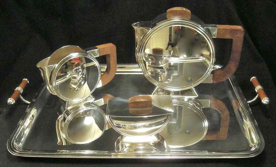 1925 (Silverplate, Hlw, Brown Wood Handles) 4 Piece Tea Set (PTP, PCR, PSU, PWTL) by Christofle France-1