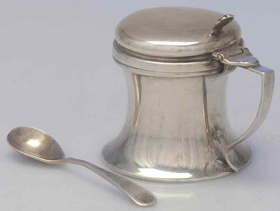 C9T1 (Sterling, Hollowware) Mustard Pot W/Hinged Lid, Glass Liner & Spoon by C. E. Turner-1