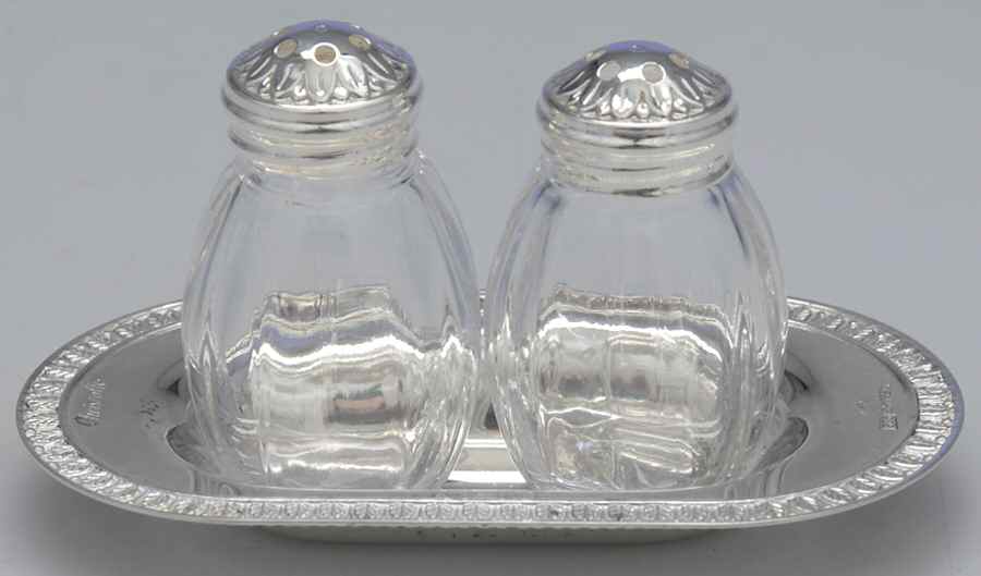 Malmaison (Sterling, Hollowware) Crystal Salt & Pepper W/Metal Stand by Christofle France-1