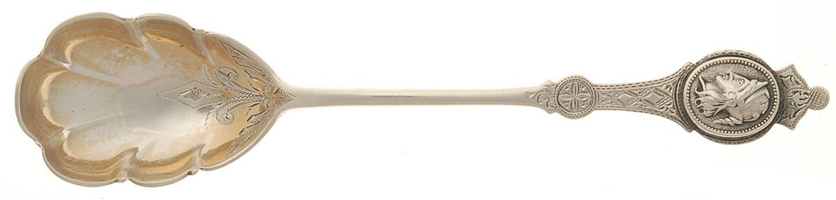 Medallion (Coin) Sugar Shell Spoon, Bright Cut by Misc Coin Silver Mfg-1