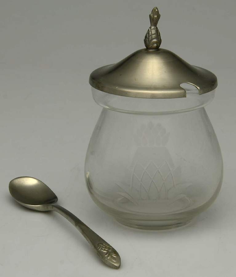 Pewter Hollowware Glass Marmalade with Pewter Lid & Ladle by Connecticut House Pewterers-1