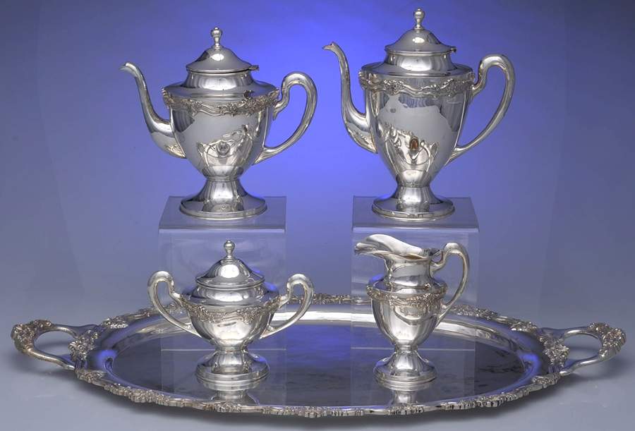 CQT1 (Sterling, Hollowware) 5 Piece Tea Set (SCP, STP, SCR, SSU, WTL) by Conquistador-1
