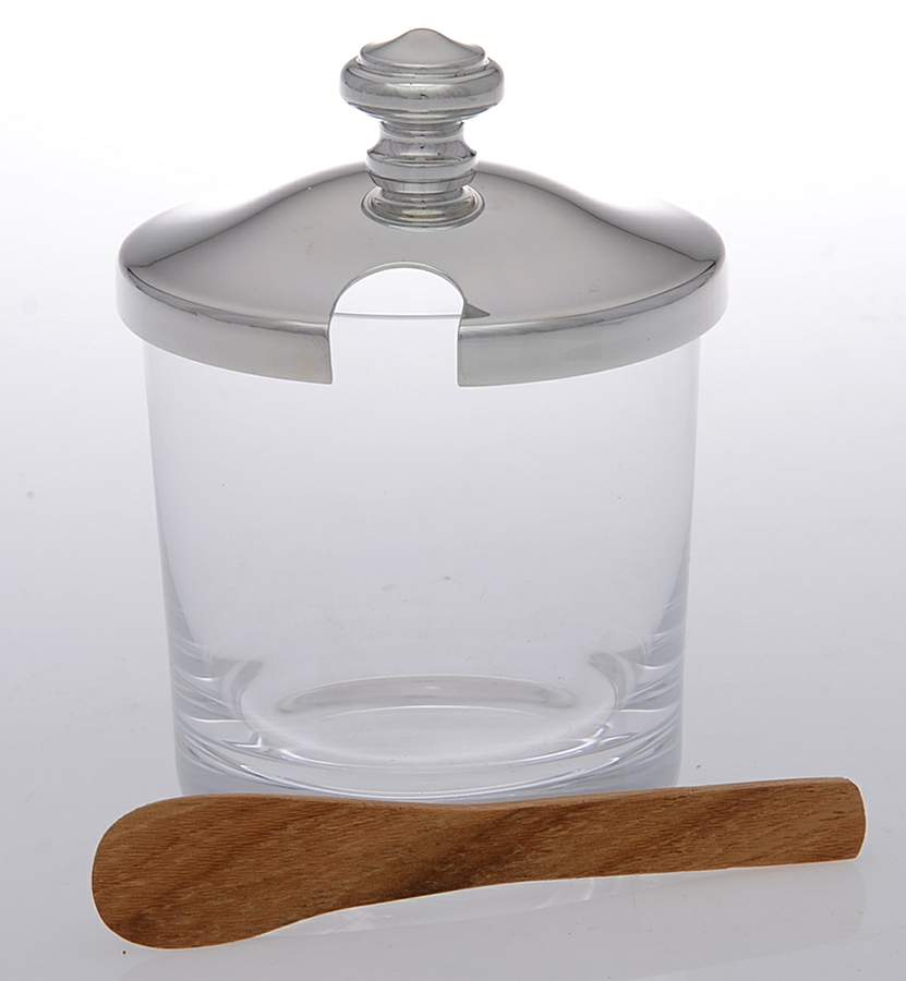 Albi (Silverplate, Hollowware) Mustard Pot with Lid, Crystal Pot & Spoon by Christofle France-1