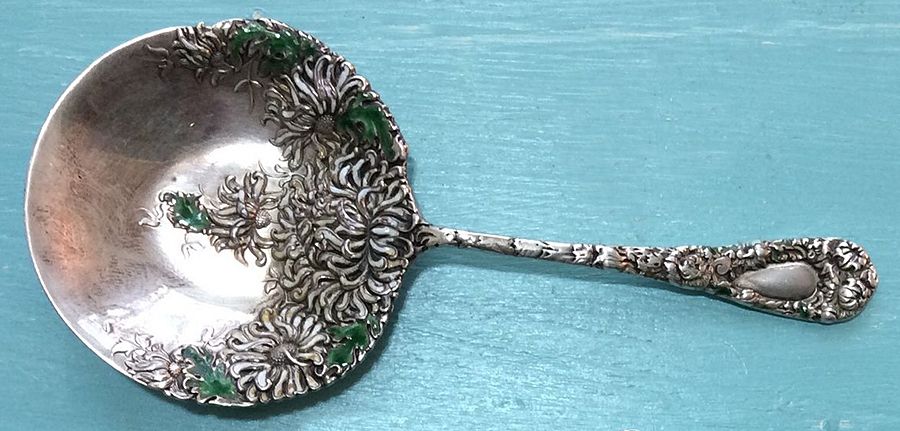 Chrysanthemum (Sterling, 1893) Bon Bon Spoon with Enameled Bowl by Durgin-1