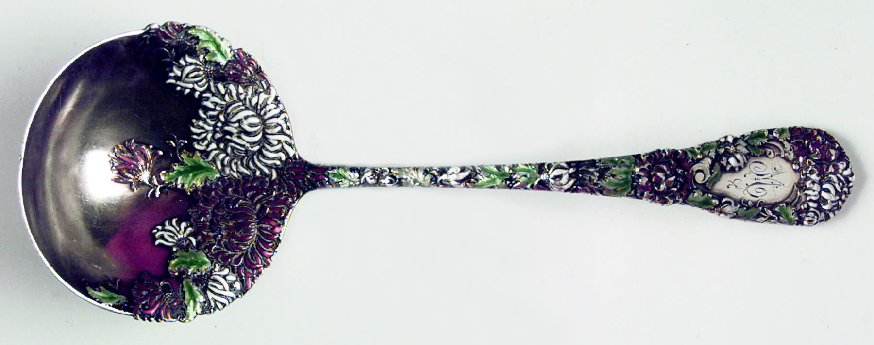 Chrysanthemum (Sterling, 1893) Solid Piece Gravy Ladle W/Enamal by Durgin-1