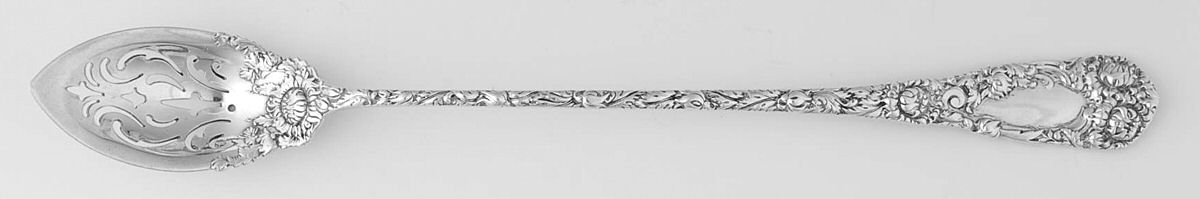 Chrysanthemum (Sterling, 1893) Pierced Bowl Long Handle Olive Spoon by Durgin-1