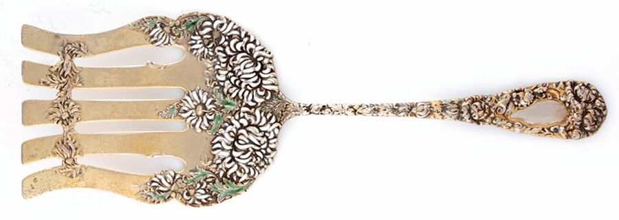 Chrysanthemum (Sterling, 1893) Enameled Solid Large Asparagus Fork by Durgin-1