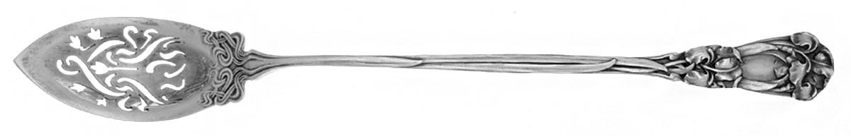 Iris (Sterling, 1900, Monograms) Pierced Bowl Long Handle Olive Spoon by Durgin-1