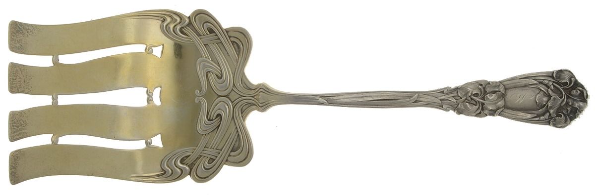 Iris (Sterling, 1900, No Monograms) Large Solid Asparagus Serving Fork by Durgin-1