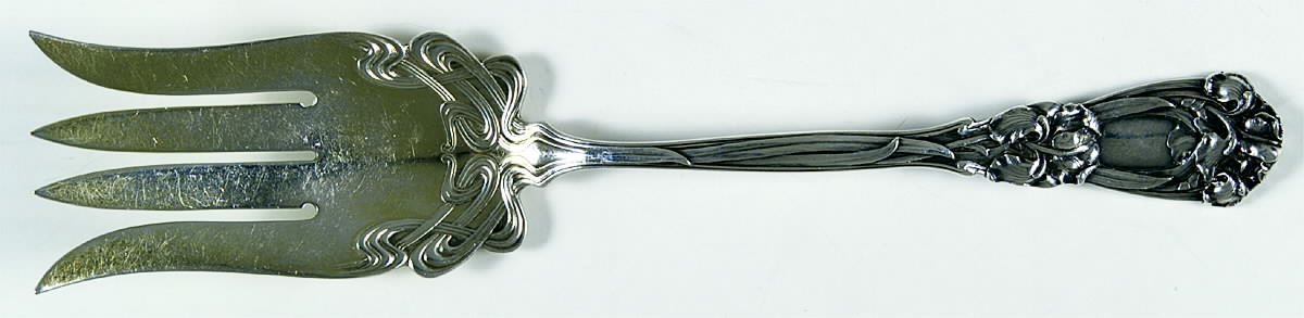 Iris (Sterling, 1900, No Monograms) Solid Salad Serving Fork by Durgin-1