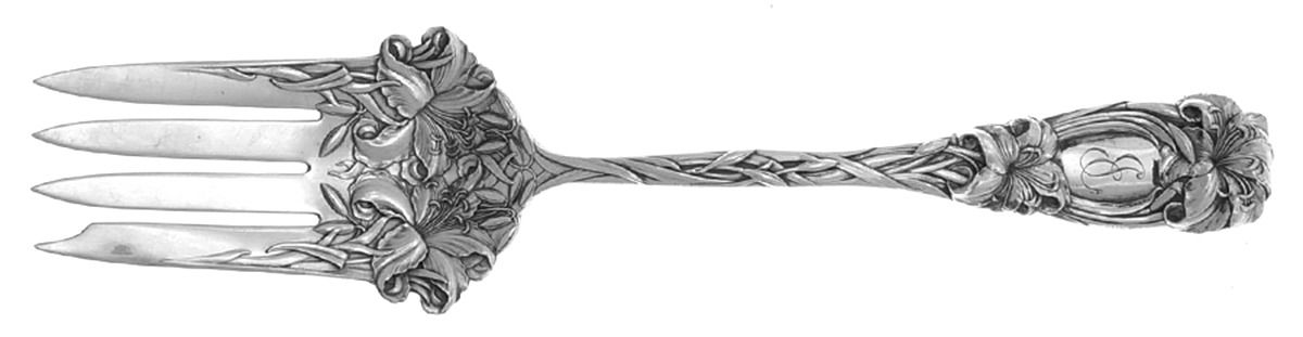 New Art (Sterling, 1899) Medium Solid Cold Meat Serving Fork by Durgin-1