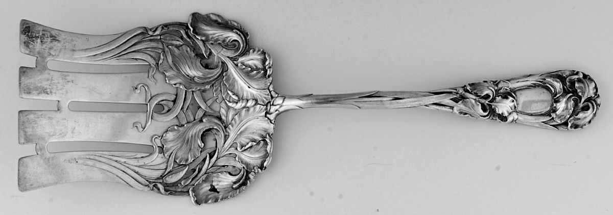 New Art (Sterling, 1899) Large Solid Asparagus Serving Fork by Durgin-1