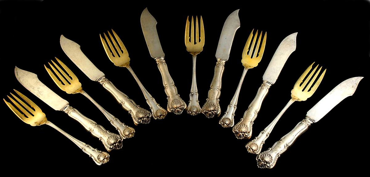 New Queens (Sterling, 1900) (12 Pc) Individual Fish Set (6 FKHIS & 6 FFSIS) by Durgin-1