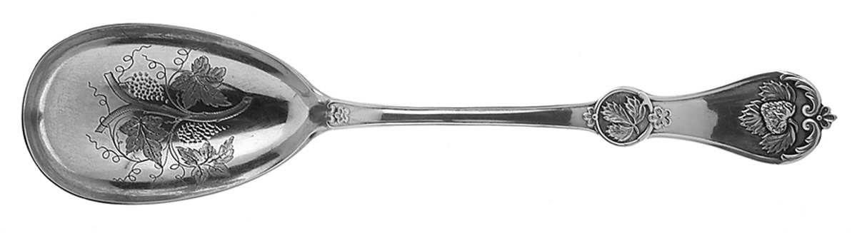 Strawberry (Coin, 1874) Bright Cut Preserve Spoon by Durgin-1
