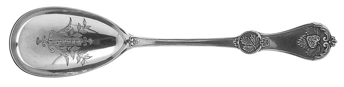 Strawberry (Coin, 1874) Bright Cut Preserve Spoon by Durgin-1