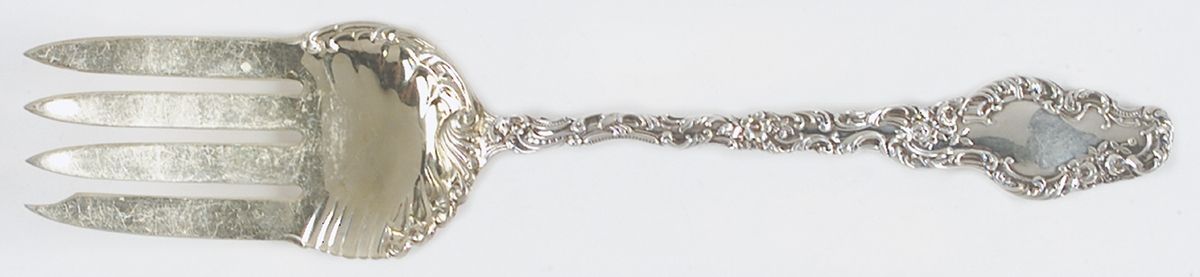 Watteau (Sterling, 1891) Large Solid Cold Meat Serving Fork by Durgin-1
