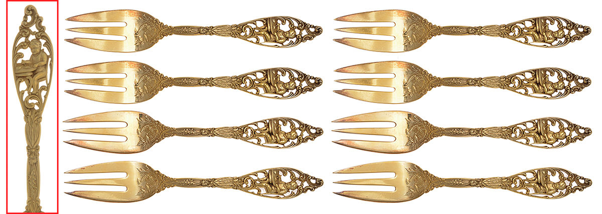 Labors of Cupid (Sterling, 1900, No Monograms) 3-Tine Salad Fork - Set of 8 by Dominick & Haff-1