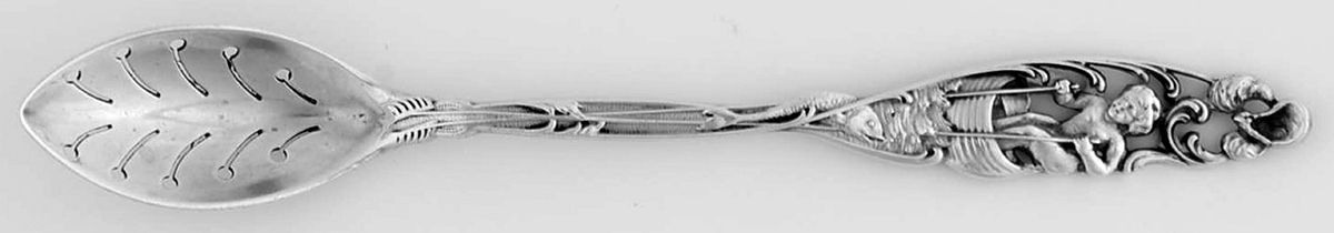 Labors of Cupid (Sterling, 1900, No Monograms) Pierced Bowl Short Handle Olive Spoon by Dominick & Haff-1