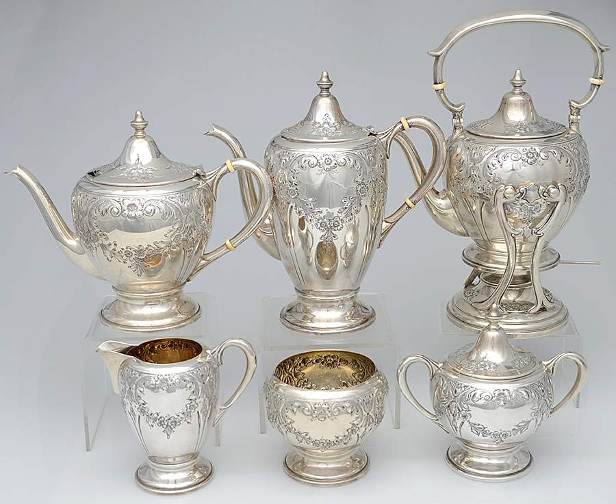 100 (Sterling, Hollowware) 6 Piece Tea Set (SCP, STP, SCR, SSU, SWB, SKES) by Dunkirk Silversmiths-1