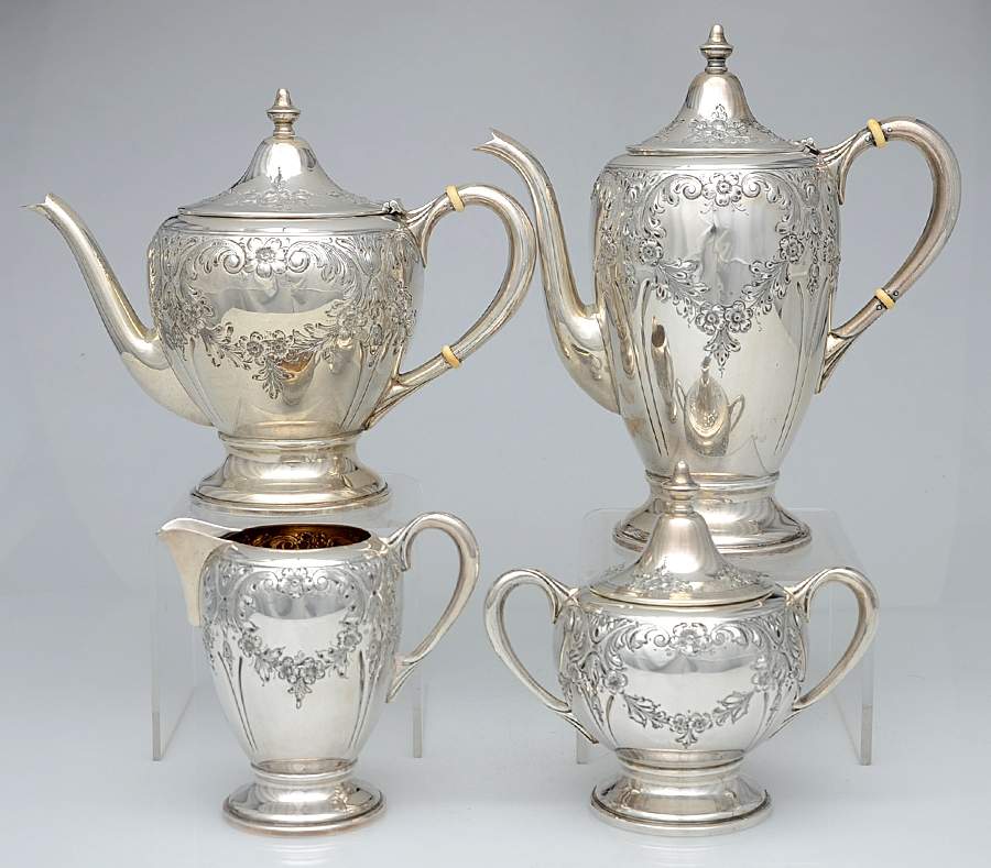 100 (Sterling, Hollowware) 4 Piece Tea Set (SCP, STP, SCR, SSU) by Dunkirk Silversmiths-1