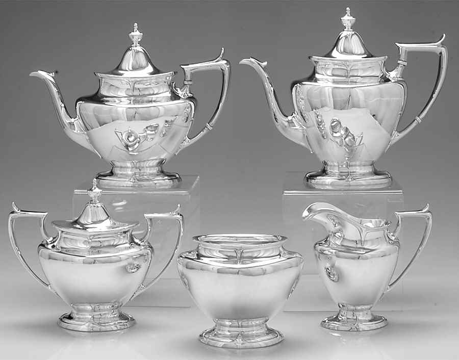 Chatham (Sterling, 1915, Hollowware) 5 Piece Tea Set (SCP, STP, SCR, SSU, SWB) by Durgin-1