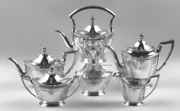 Lenox (Sterling, Hollowware) 6 Piece Tea Set (SCP, STP, SCR, SSU, SWB, SKES) by Durgin-1