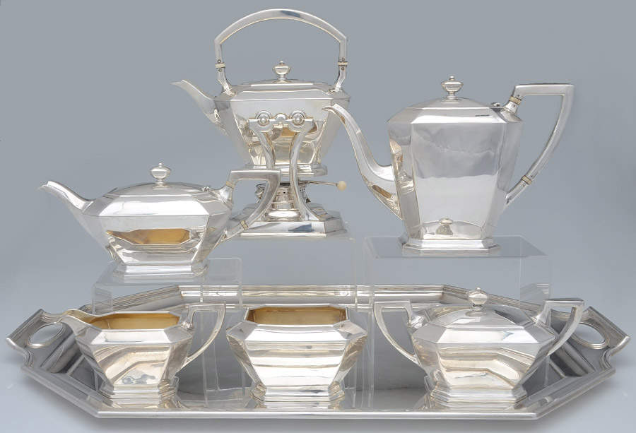 Fairfax (Sterling, Hollowware) 7 Piece Tea Set (SCP, STP, SCR, SSU, SWB, SKES & WTL) by Durgin-1