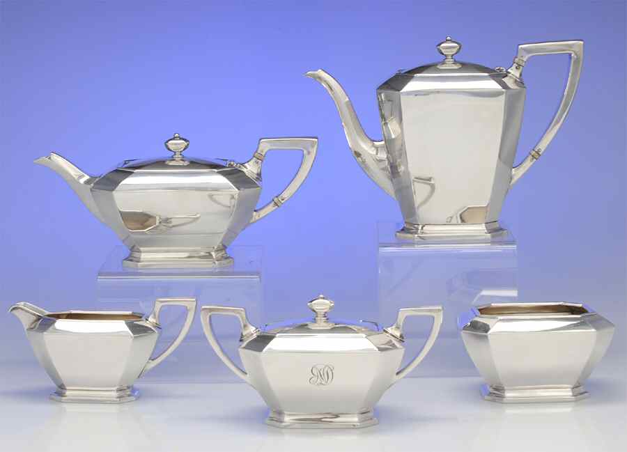 Fairfax (Sterling, Hollowware) 5 Piece Tea Set (SCP, STP, SCR, SSU, SWB) by Durgin-1