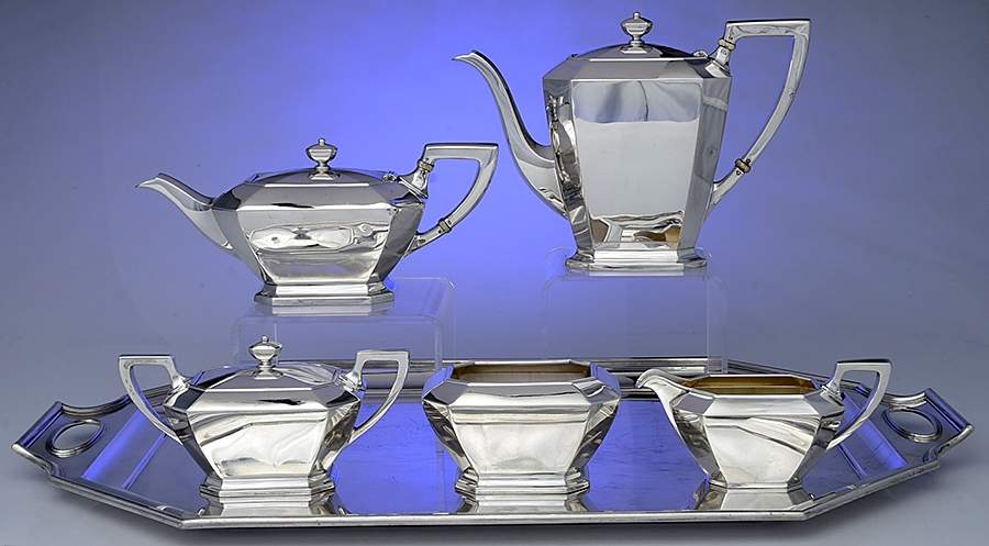 Fairfax (Sterling, Hollowware) 6 Piece Tea Set (SCP, STP, SCR, SSU, SWB, WTL) by Durgin-1