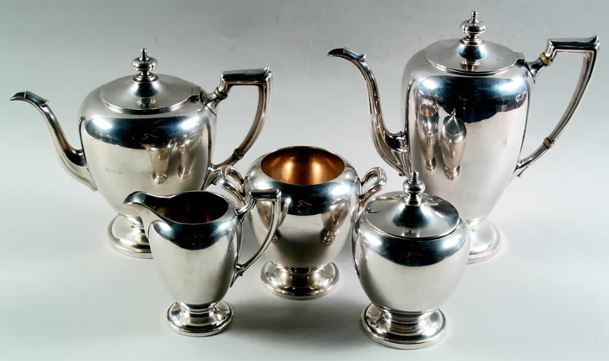 Pointed Antique (Sterling, Hollowware) 5 Piece Tea Set (SCP, STP, SCR, SSU, SWB) by Dominick & Haff-1