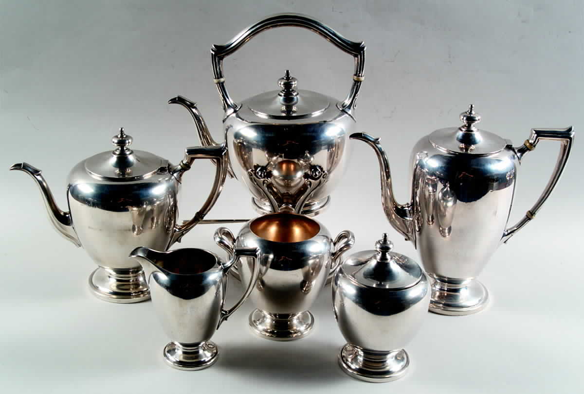 Pointed Antique (Sterling, Hollowware) 6 Piece Tea Set (SCP, STP, SCR, SSU, SWB, SKES) by Dominick & Haff-1