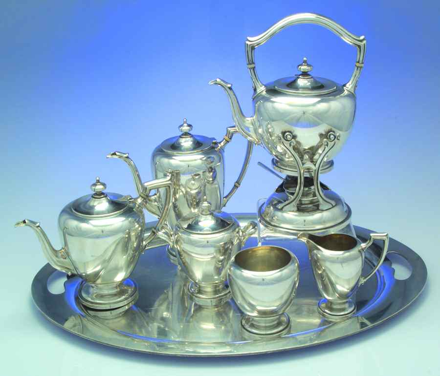Pointed Antique (Sterling, Hollowware) 7 Piece Tea Set (SCP, STP, SCR, SSU, SWB, SKES & WTL) by Dominick & Haff-1