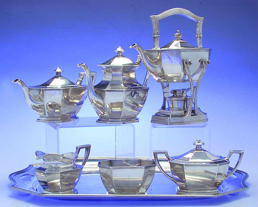 Queen Anne-Plain (Sterling, 1910, Hollowware) 7 Piece Tea Set (SCP, STP, SCR, SSU, SWB, SKES & WTL) by Dominick & Haff-1
