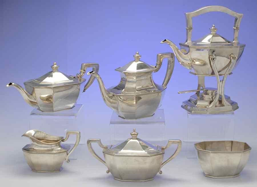 Queen Anne-Plain (Sterling, 1910, Hollowware) 6 Piece Tea Set (SCP, STP, SCR, SSU, SWB, SKES) by Dominick & Haff-1