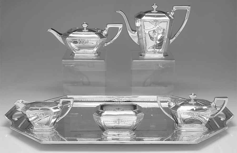 Colfax (Sterling, 1922, Hollowware) 6 Piece Tea Set (SCP, STP, SCR, SSU, SWB, WTL) by Durgin-1