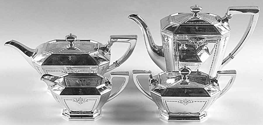 Colfax (Sterling, 1922, Hollowware) 4 Piece Tea Set (SCP, STP, SCR, SSU) by Durgin-1