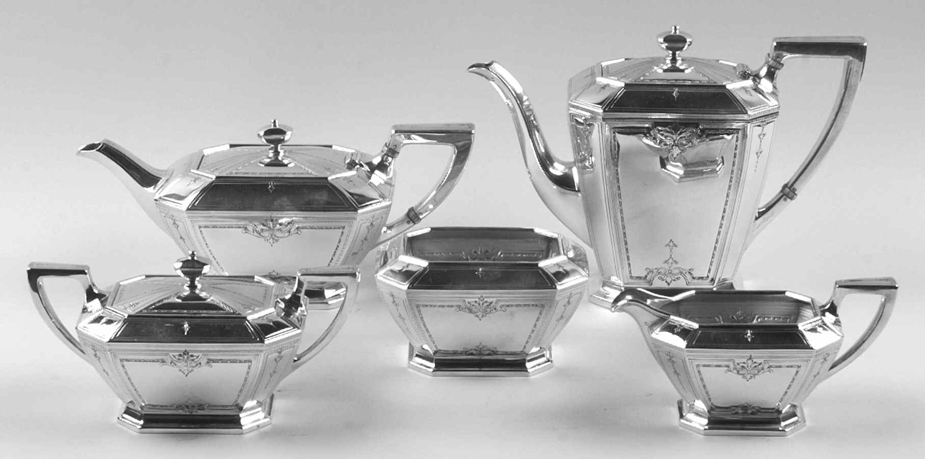 Colfax (Sterling, 1922, Hollowware) 5 Piece Tea Set (SCP, STP, SCR, SSU, SWB) by Durgin-1