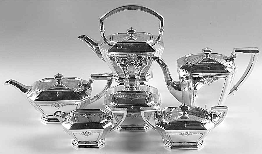 Colfax (Sterling, 1922, Hollowware) 6 Piece Tea Set (SCP, STP, SCR, SSU, SWB, SKES) by Durgin-1